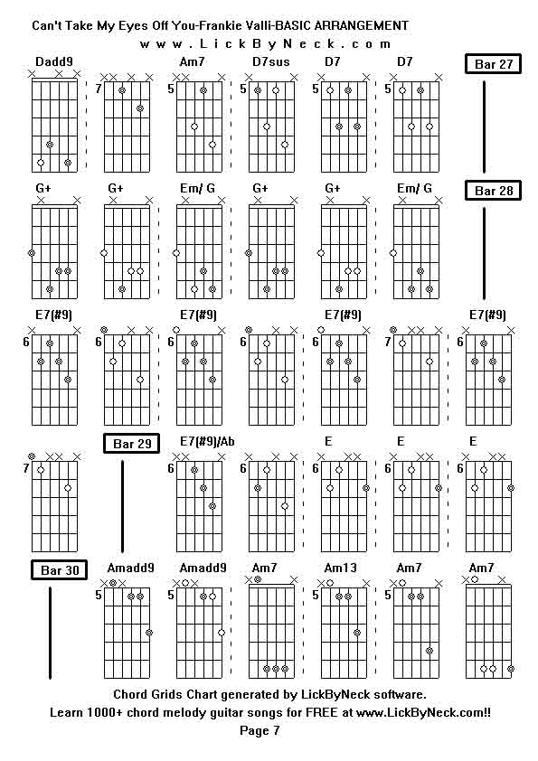 Chord Grids Chart of chord melody fingerstyle guitar song-Can't Take My Eyes Off You-Frankie Valli-BASIC ARRANGEMENT,generated by LickByNeck software.